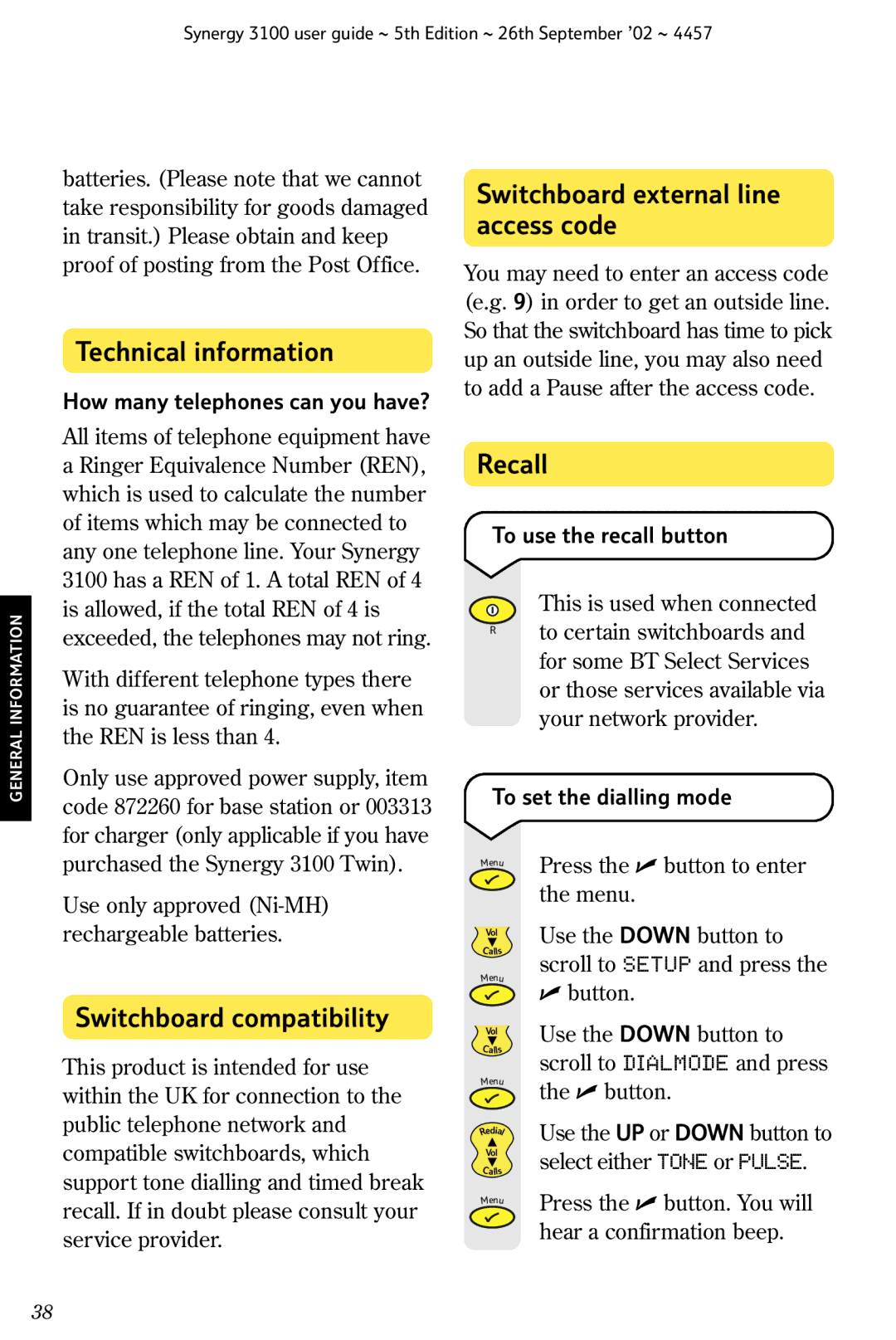 BT 3100 manual Technical information, Switchboard compatibility, Switchboard external line access code, Recall 