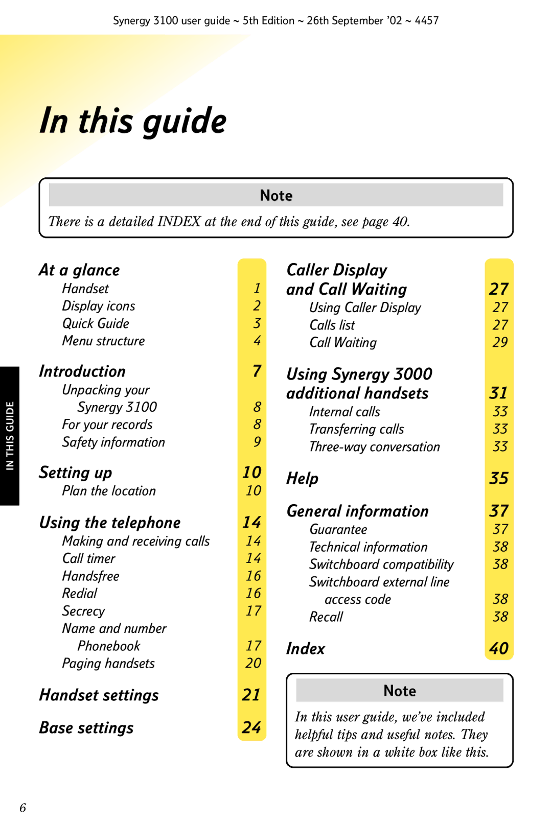 BT 3100 manual This guide, 21Note, There is a detailed Index at the end of this guide, see 