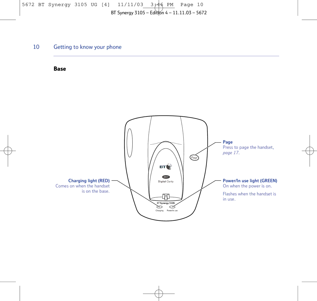 BT 3105 manual Base, Press to page the handset 