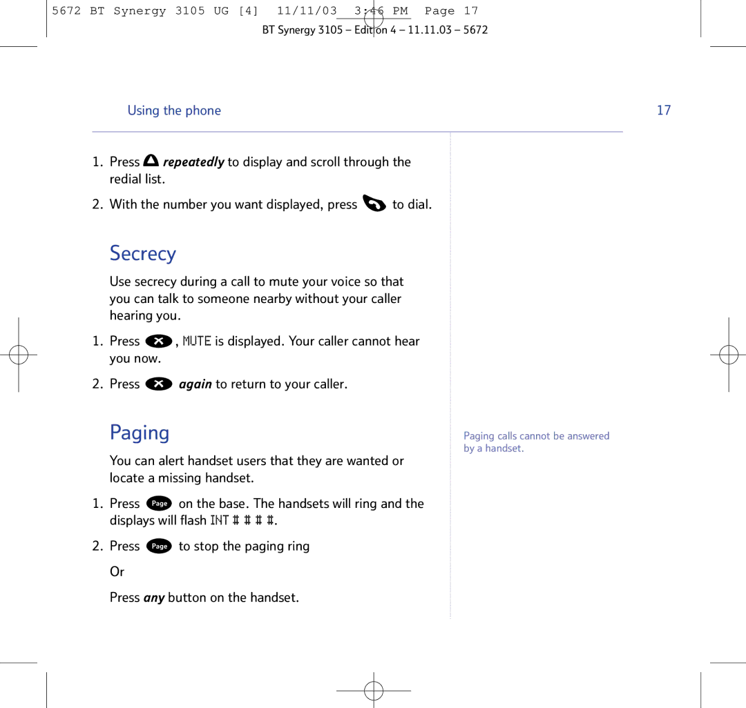 BT 3105 manual Secrecy, Paging 