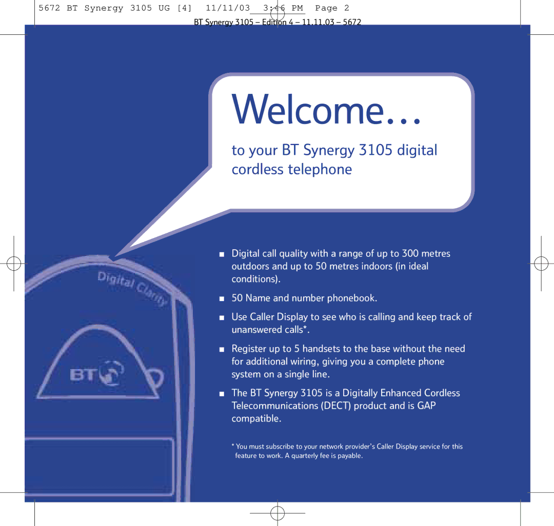 BT manual Welcome…, To your BT Synergy 3105 digital cordless telephone 