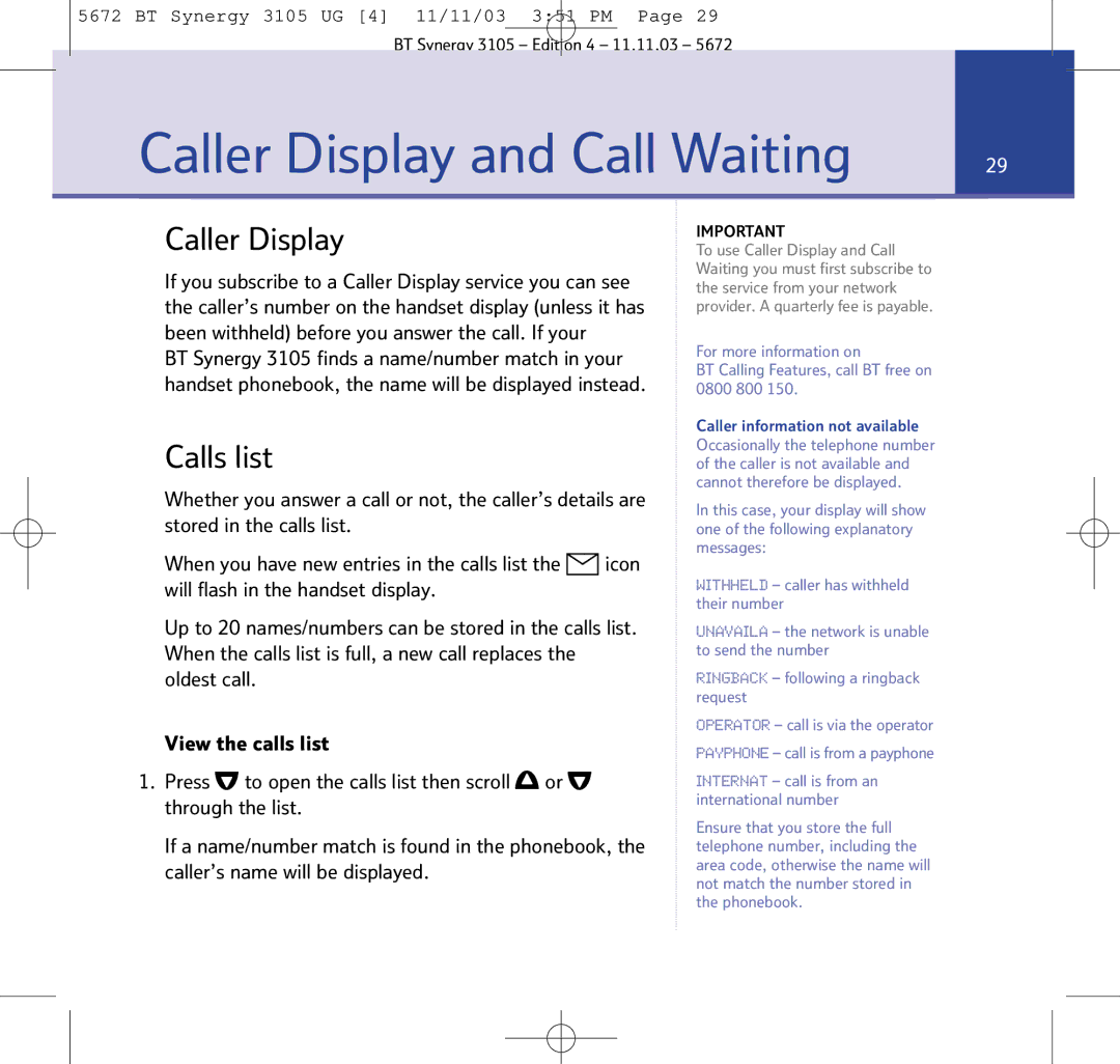 BT 3105 manual Caller Display and Call Waiting 