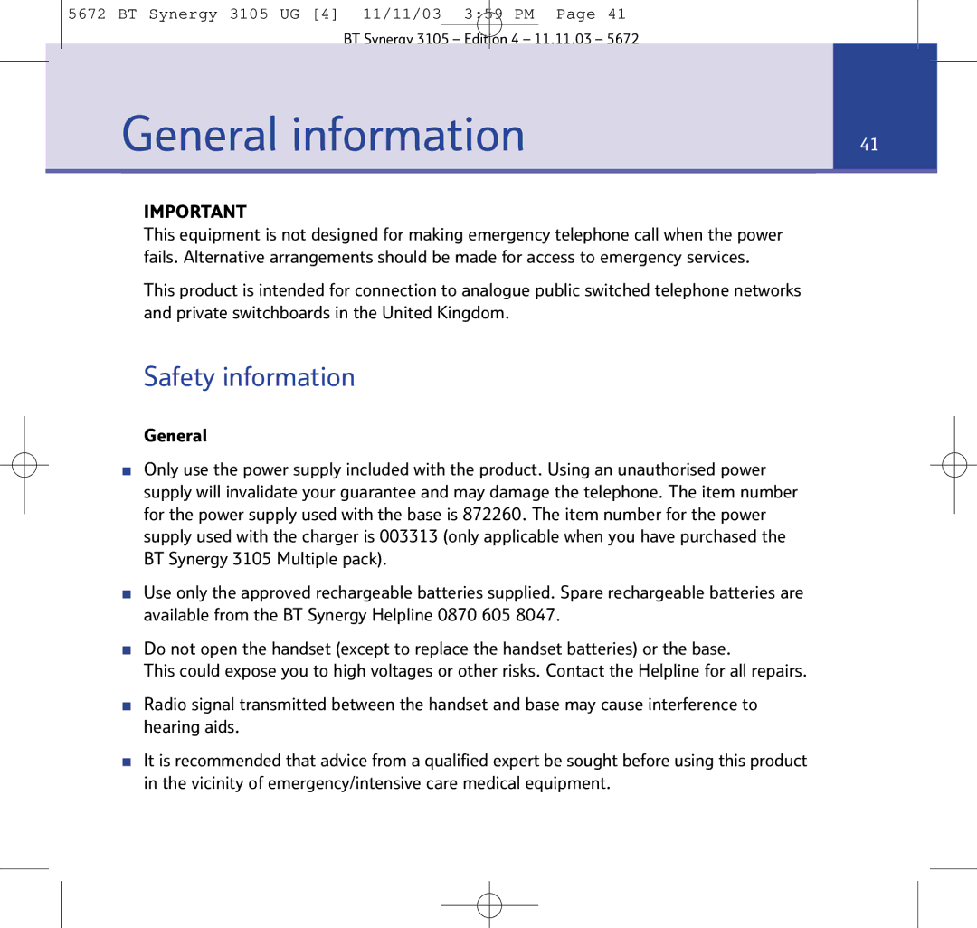 BT 3105 manual General information, Safety information 