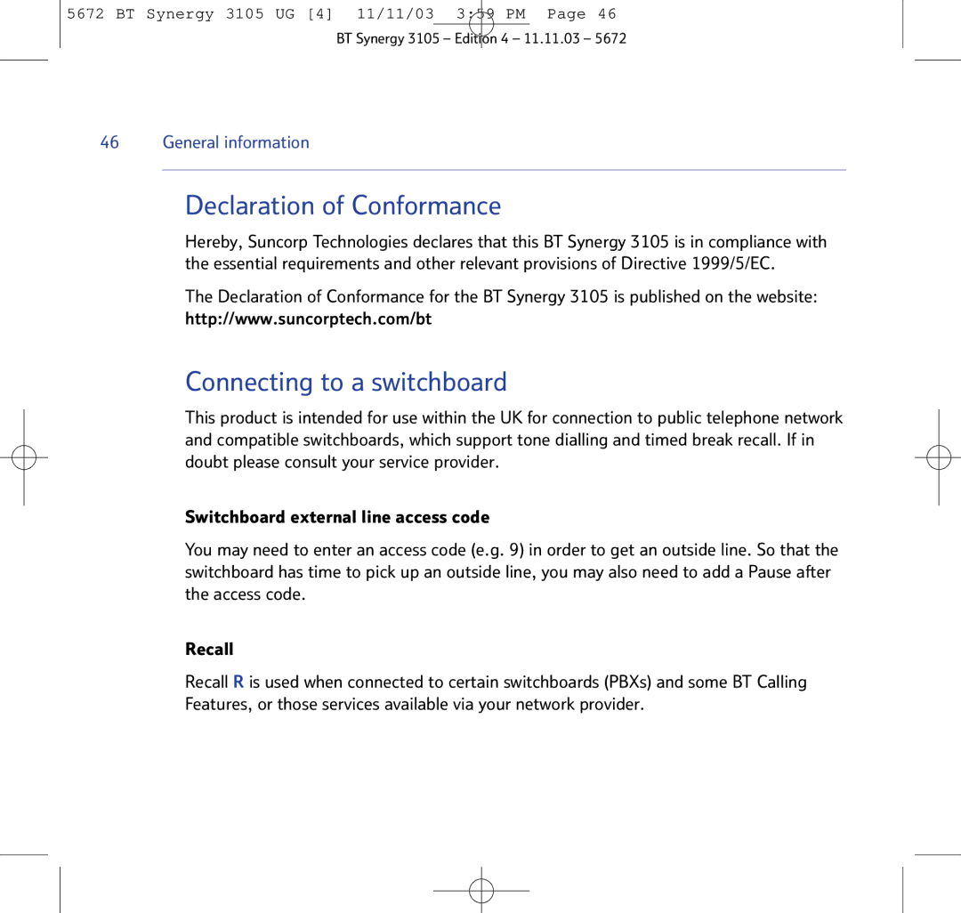 BT 3105 manual Declaration of Conformance, Connecting to a switchboard 