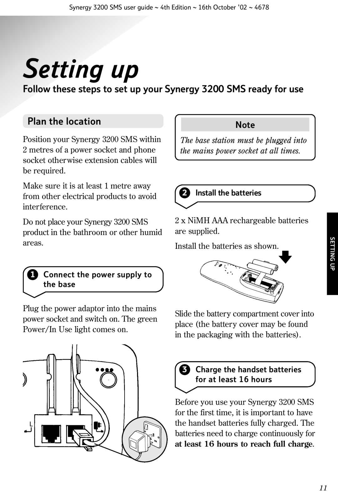 BT 3200 SMS manual Setting up, Connect the power supply to the base, Install the batteries 