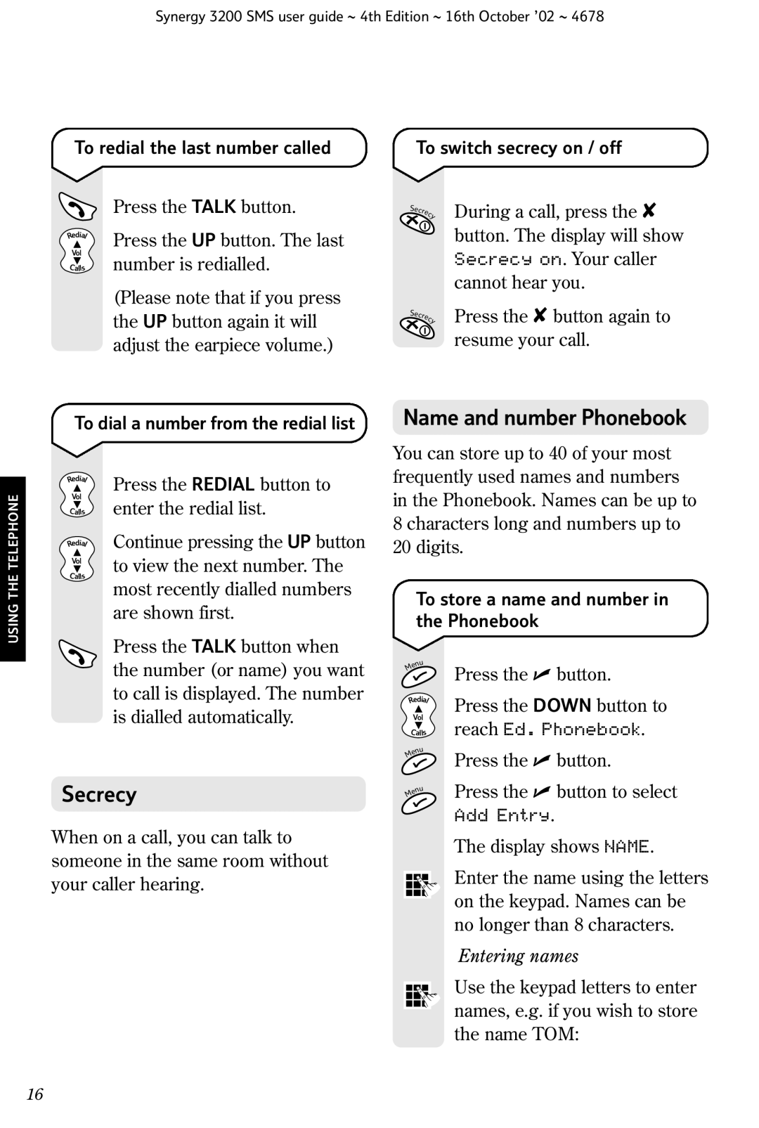 BT 3200 SMS manual Secrecy, Name and number Phonebook, Reach Ed. Phonebook, Add Entry 