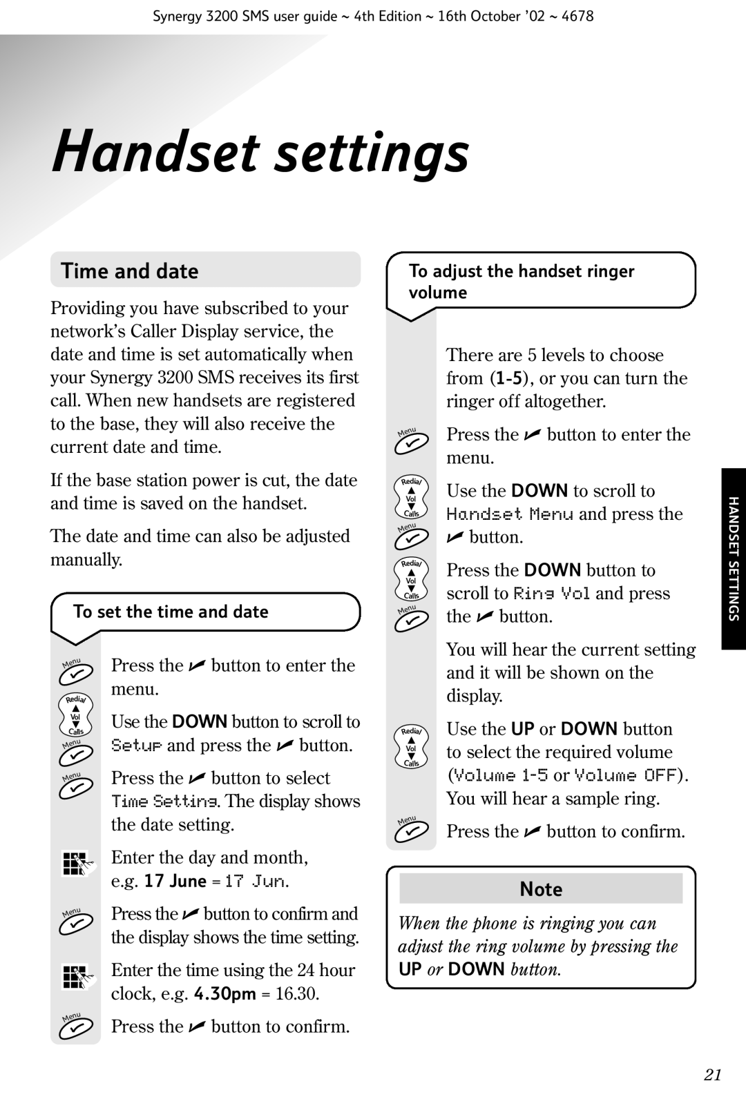 BT 3200 SMS manual Handset settings, Time and date 