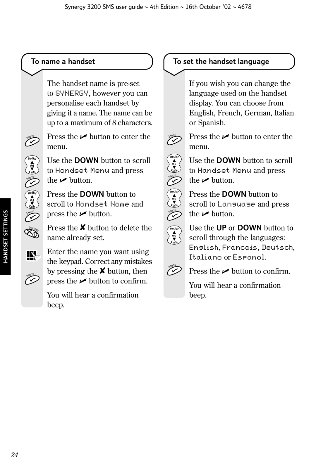 BT 3200 SMS manual To name a handset, Use the Down button to scroll, Scroll to Handset Name, Name already set 