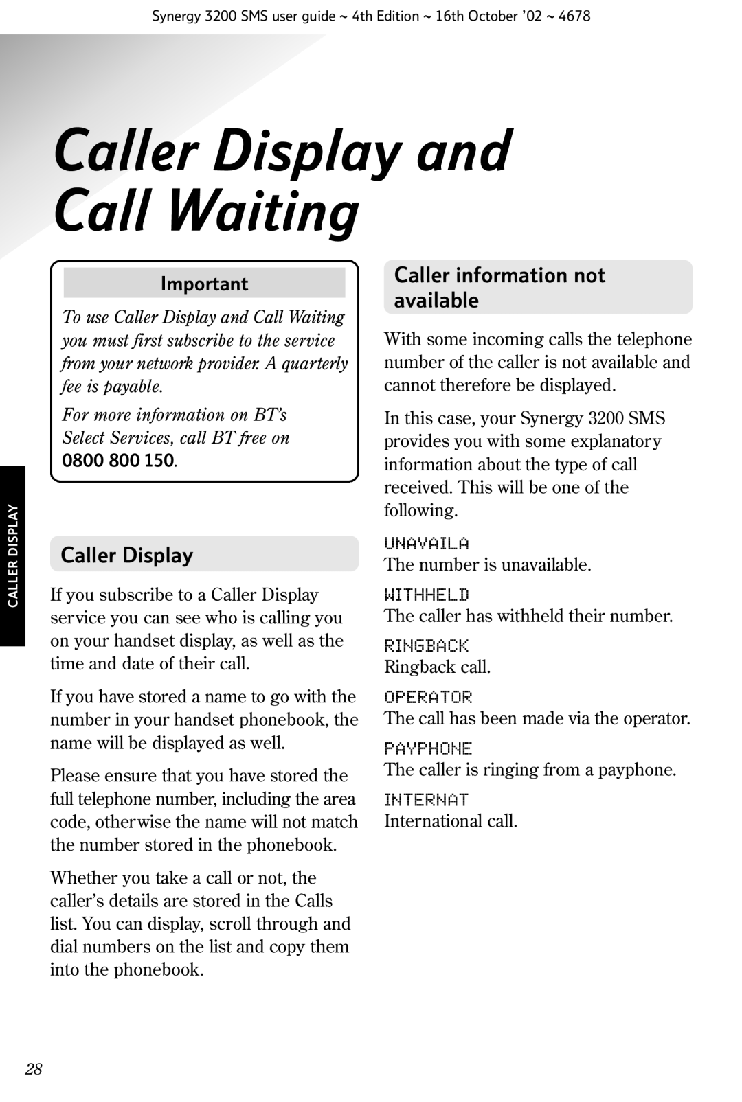 BT 3200 SMS manual Caller Display and Call Waiting, Caller information not available, 0800 800 