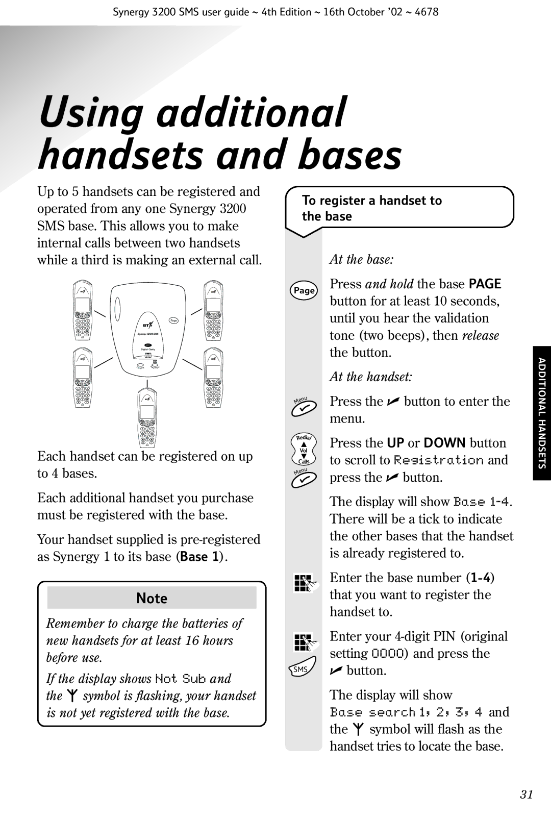 BT 3200 SMS manual To register a handset to the base, At the base, At the handset, Press the UP or Down button 