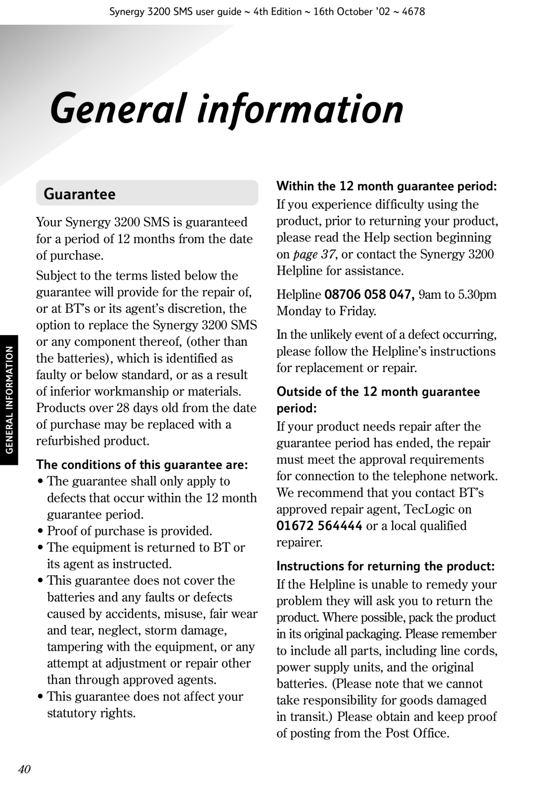 BT 3200 SMS manual General information, Guarantee 