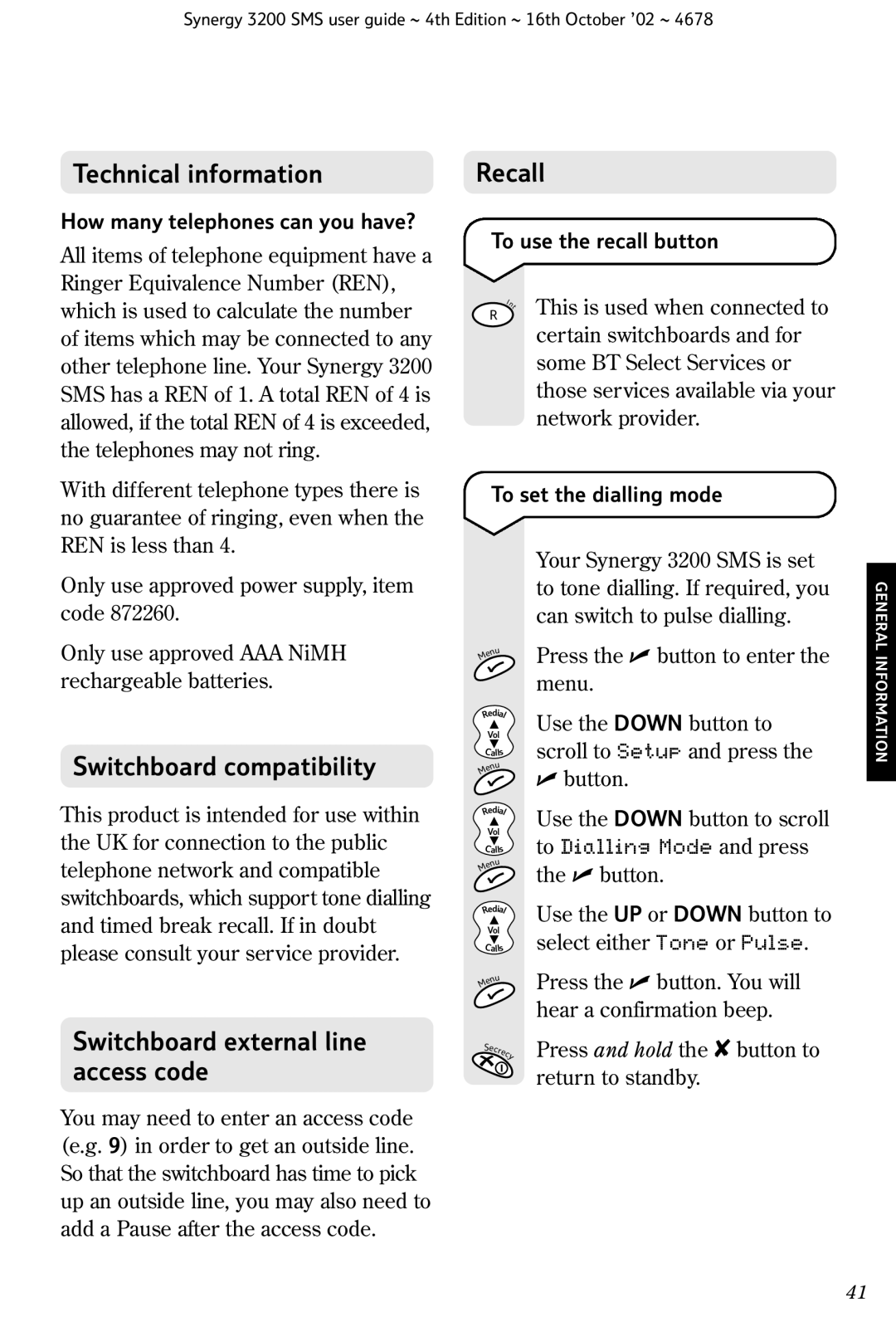 BT 3200 SMS manual Technical information, Switchboard compatibility, Switchboard external line access code, Recall 