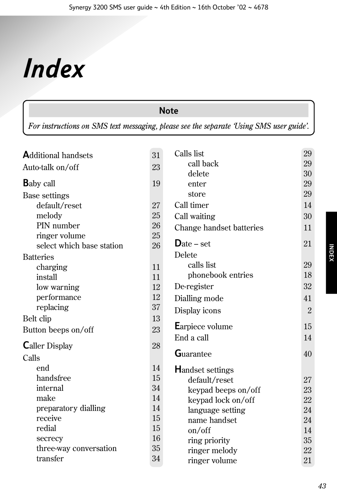 BT 3200 SMS manual Index 