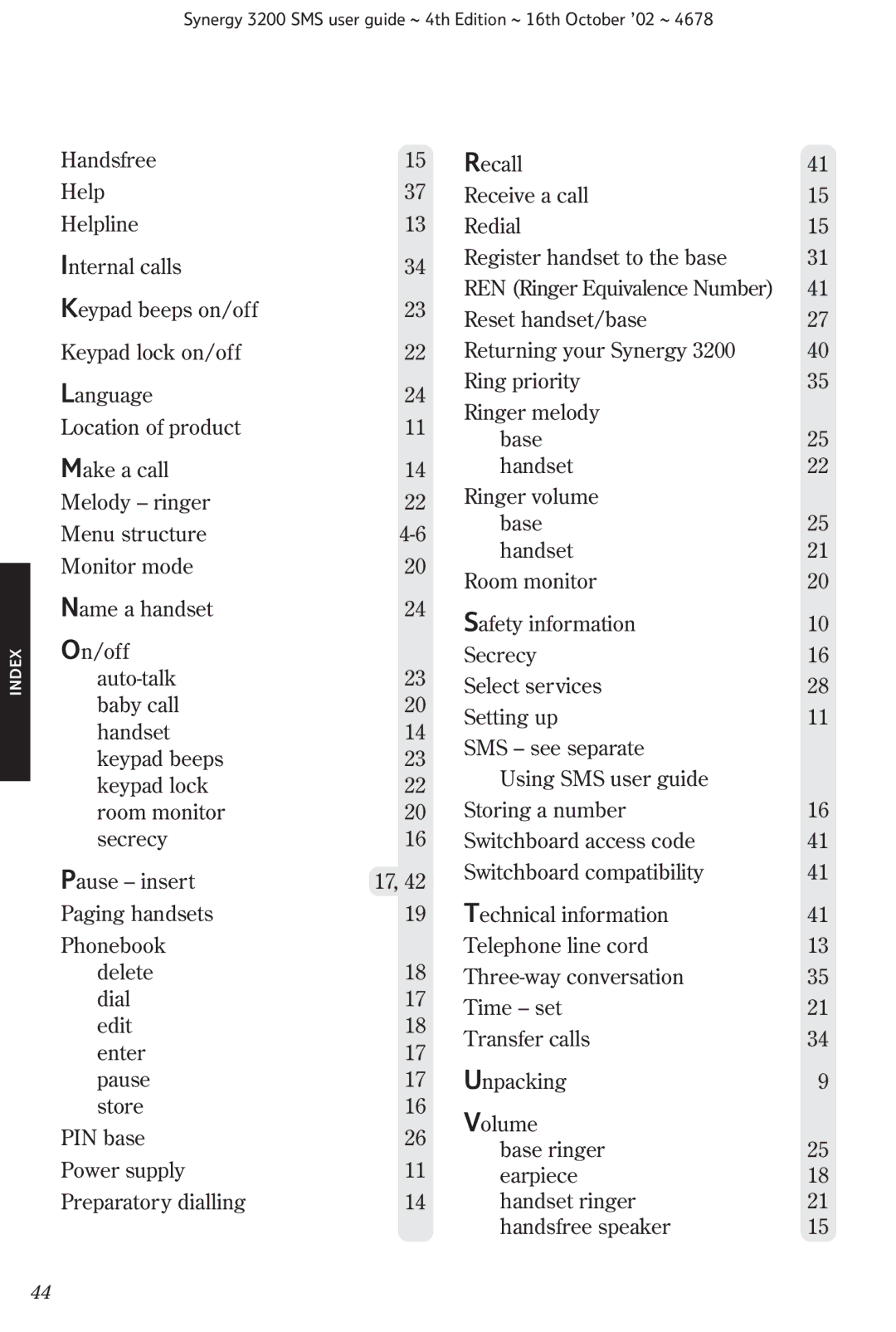 BT 3200 SMS manual REN Ringer Equivalence Number 