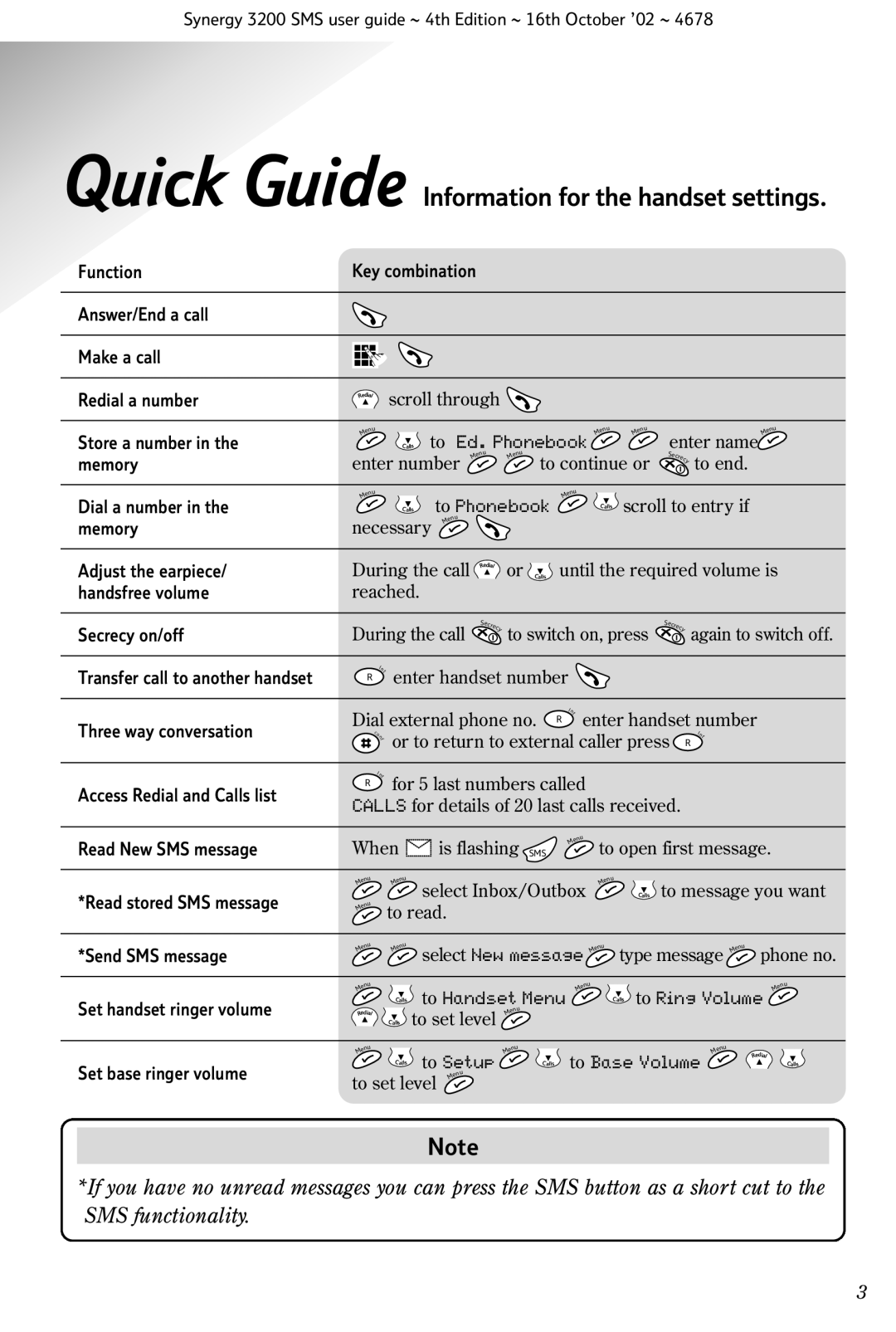 BT 3200 SMS manual Quick Guide Information for the handset settings 