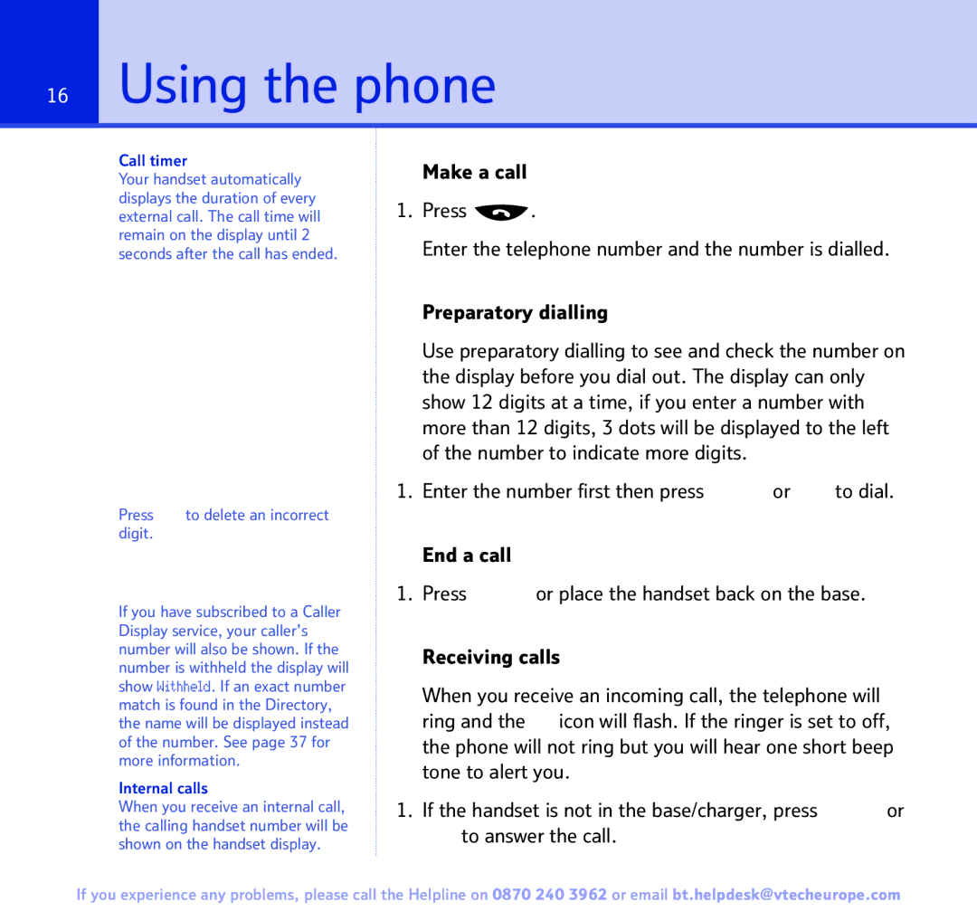 BT 3200 manual Using the phone, Call timer, Internal calls 