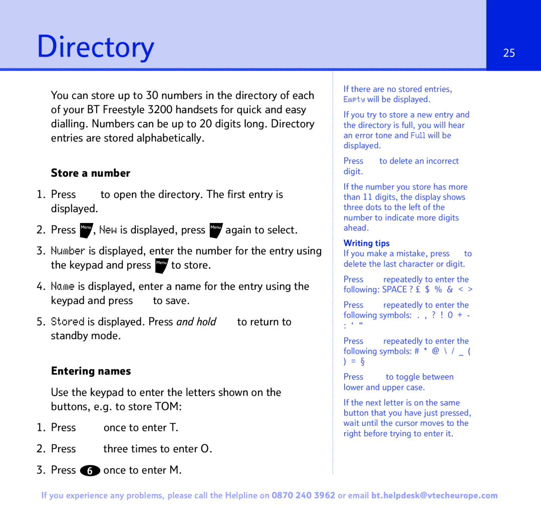 BT 3200 manual Directory25, Writing tips 