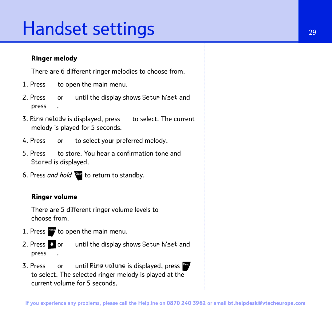 BT 3200 manual Handset settings, Current volume for 5 seconds 