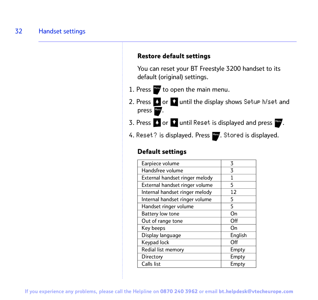 BT 3200 manual Earpiece volume Handsfree volume 