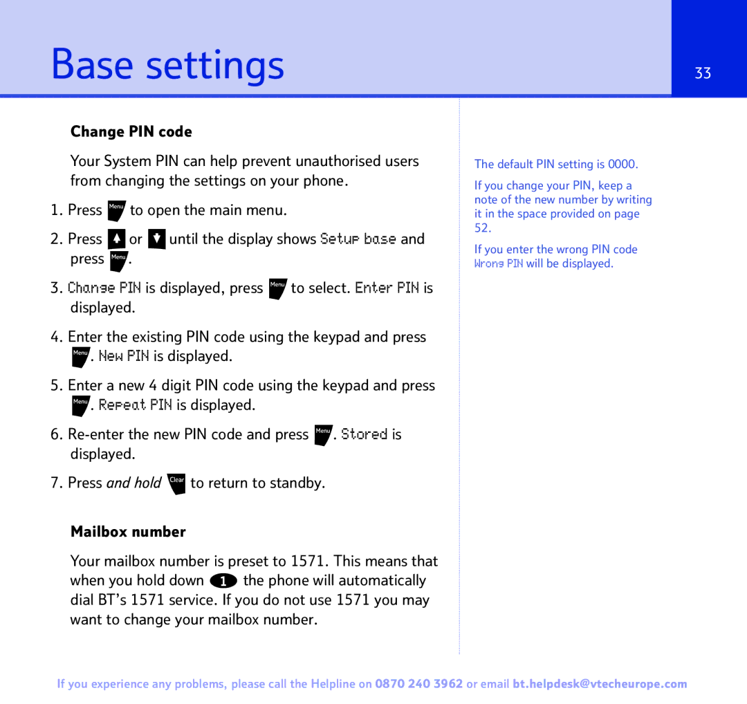 BT 3200 manual Base settings, Change PIN code 