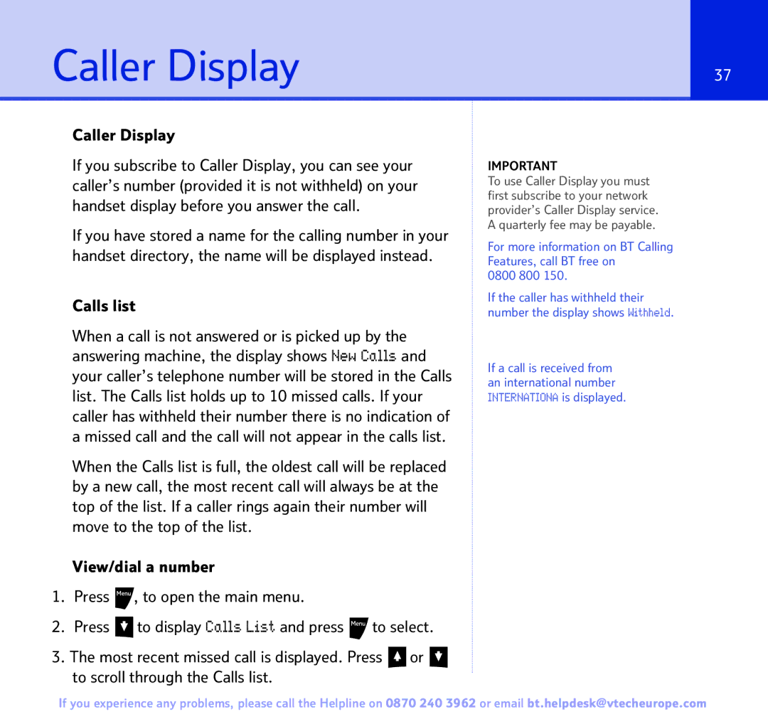 BT 3200 manual Caller Display, Section, Calls list 