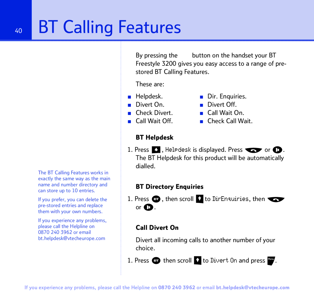 BT 3200 manual BT Calling Features 