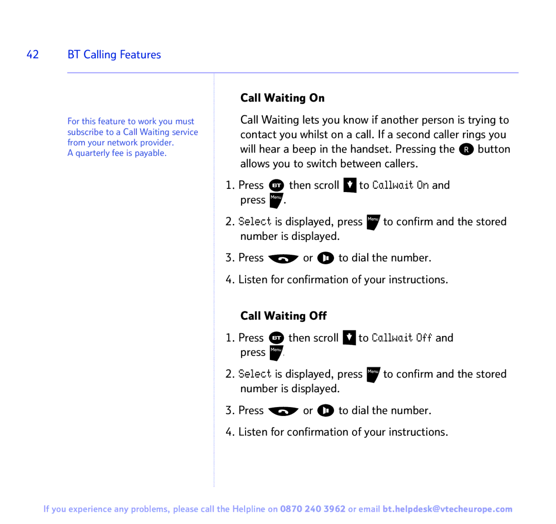 BT 3200 manual BT Calling Features, Call Waiting On 