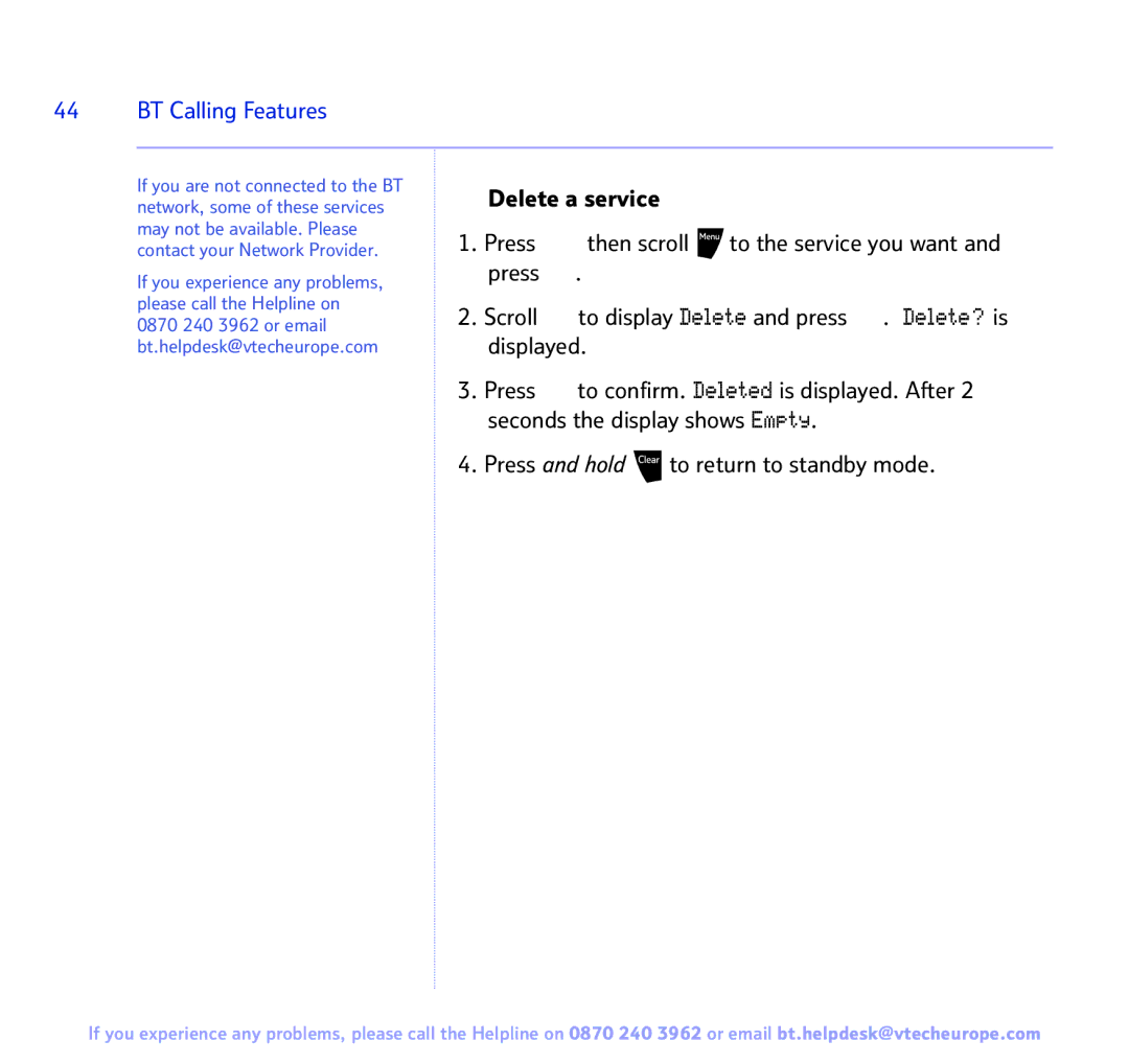 BT 3200 manual Delete a service, Press Then scroll To the service you want, Scroll To display Delete and press, Displayed 