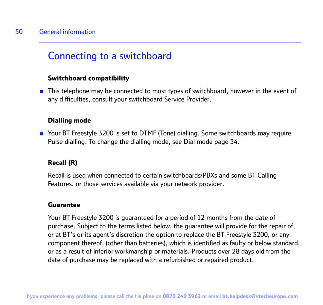 BT 3200 manual Recall R, Guarantee 