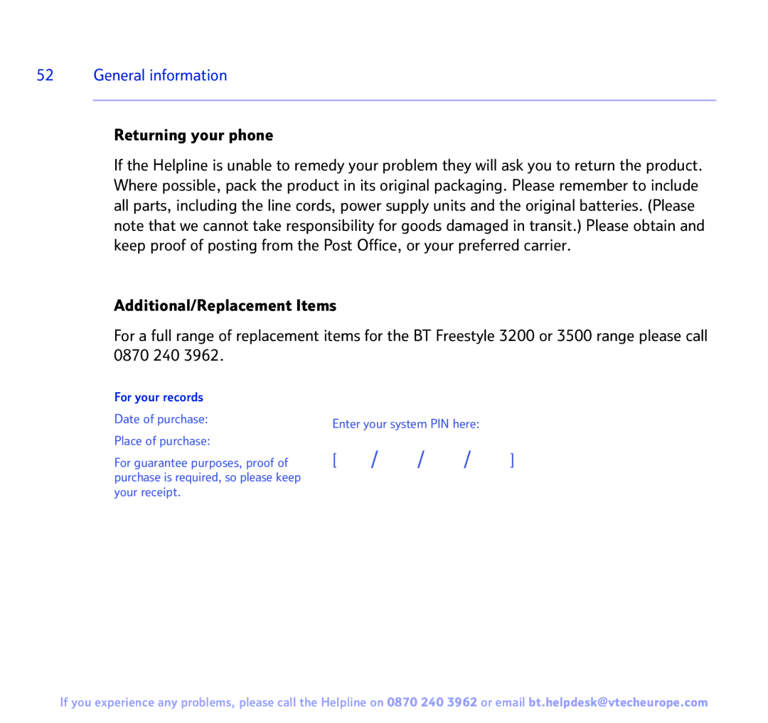 BT 3200 manual Returning your phone, For your records 