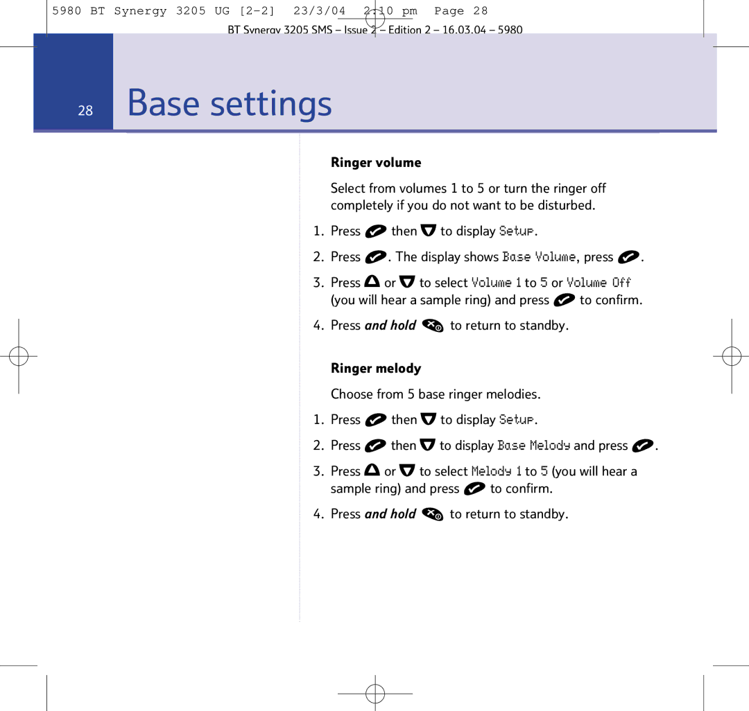 BT 3205 manual Base settings, Ringer volume 