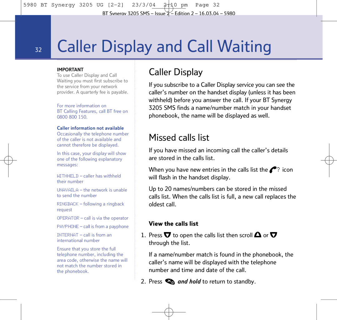 BT 3205 manual Caller Display and Call Waiting 