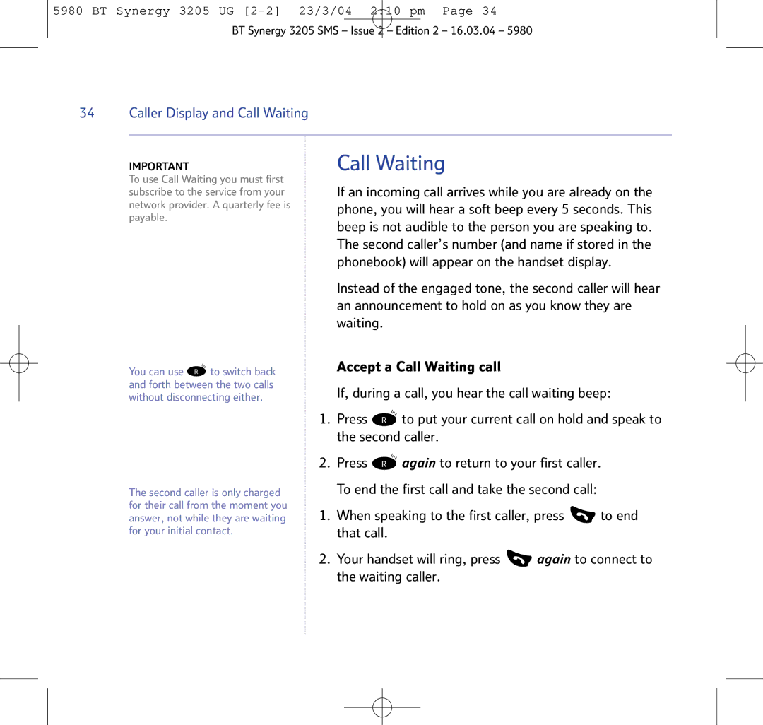 BT 3205 manual Call Waiting, Second caller, Press Again to return to your first caller 