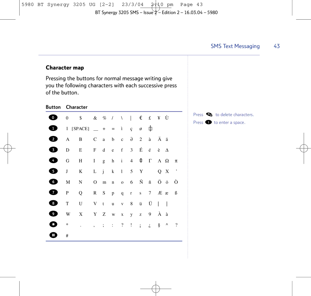 BT 3205 manual Button Character 