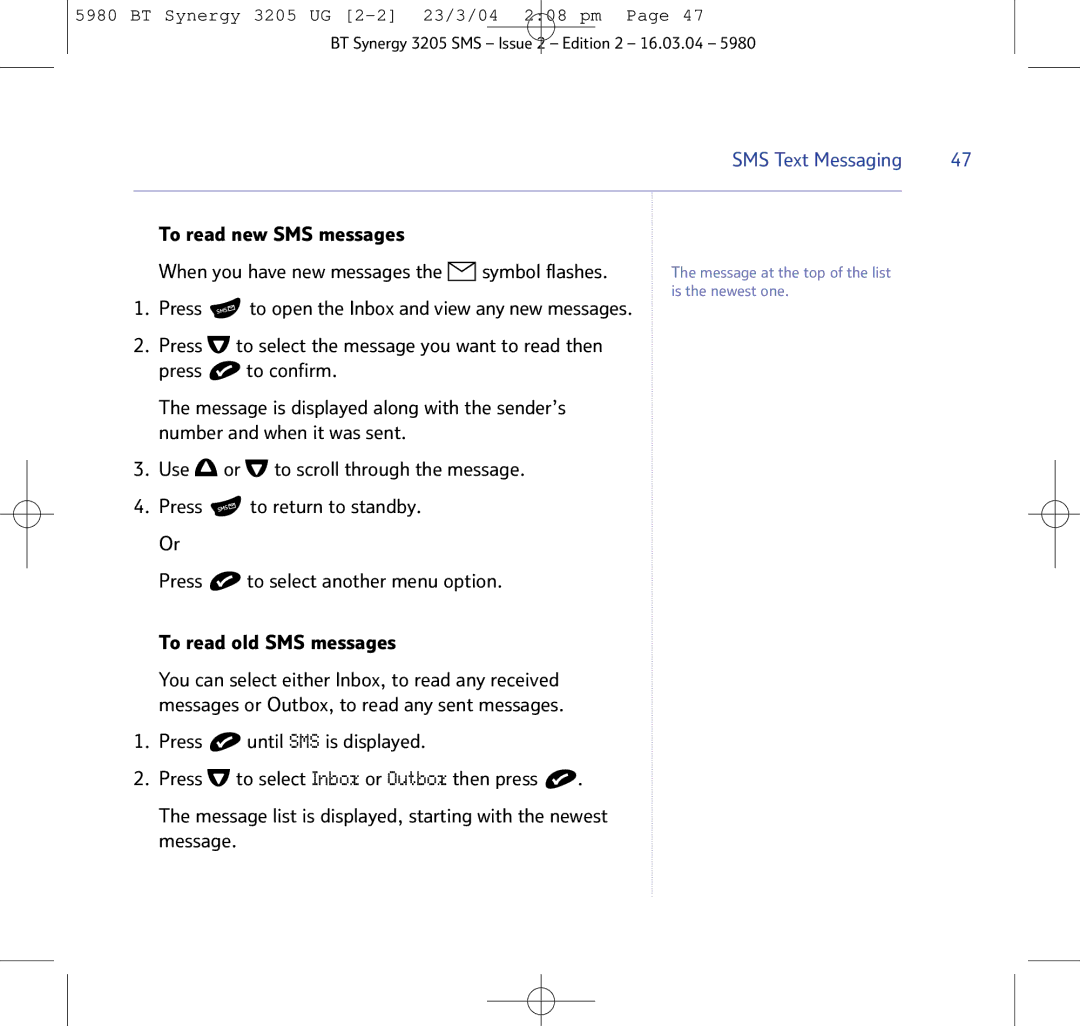 BT 3205 manual To read new SMS messages 