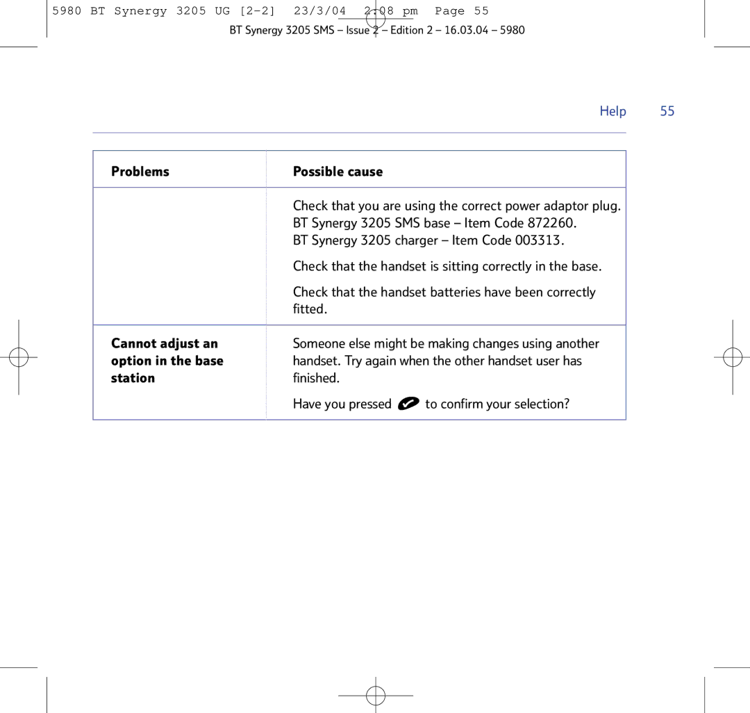 BT 3205 manual Problems Possible cause, Fitted Cannot adjust an, Option in the base 