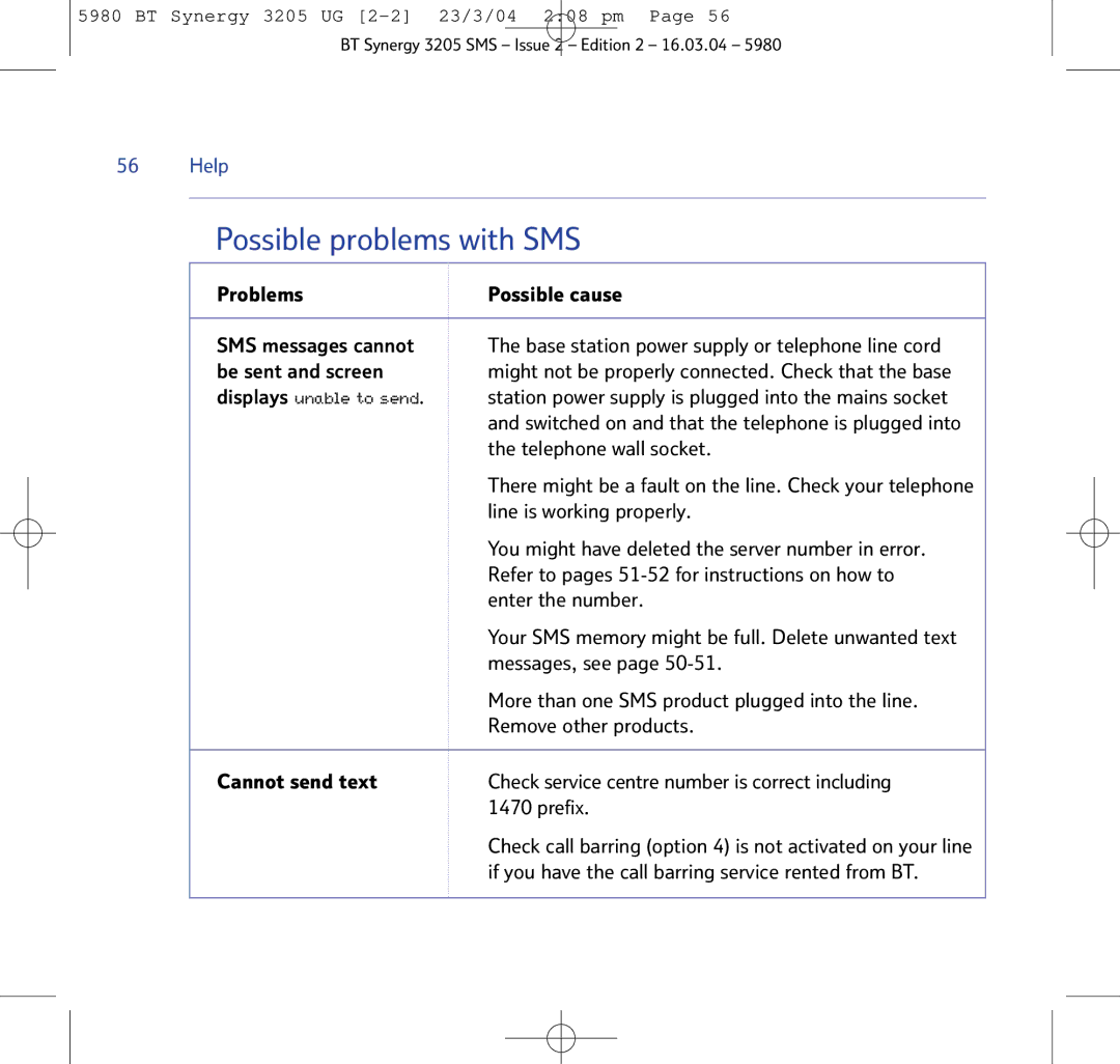 BT 3205 manual Possible problems with SMS 