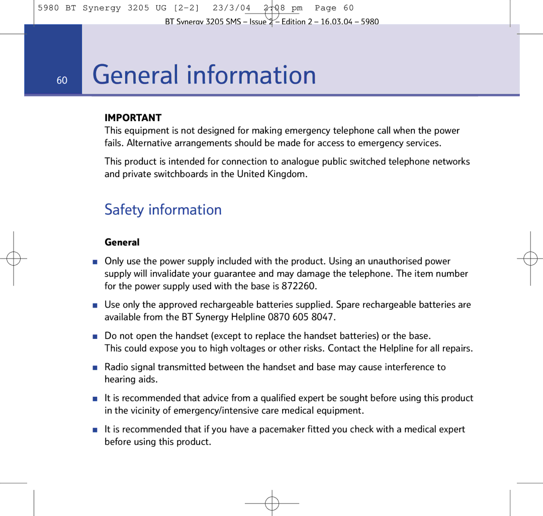 BT 3205 manual General information, Safety information 