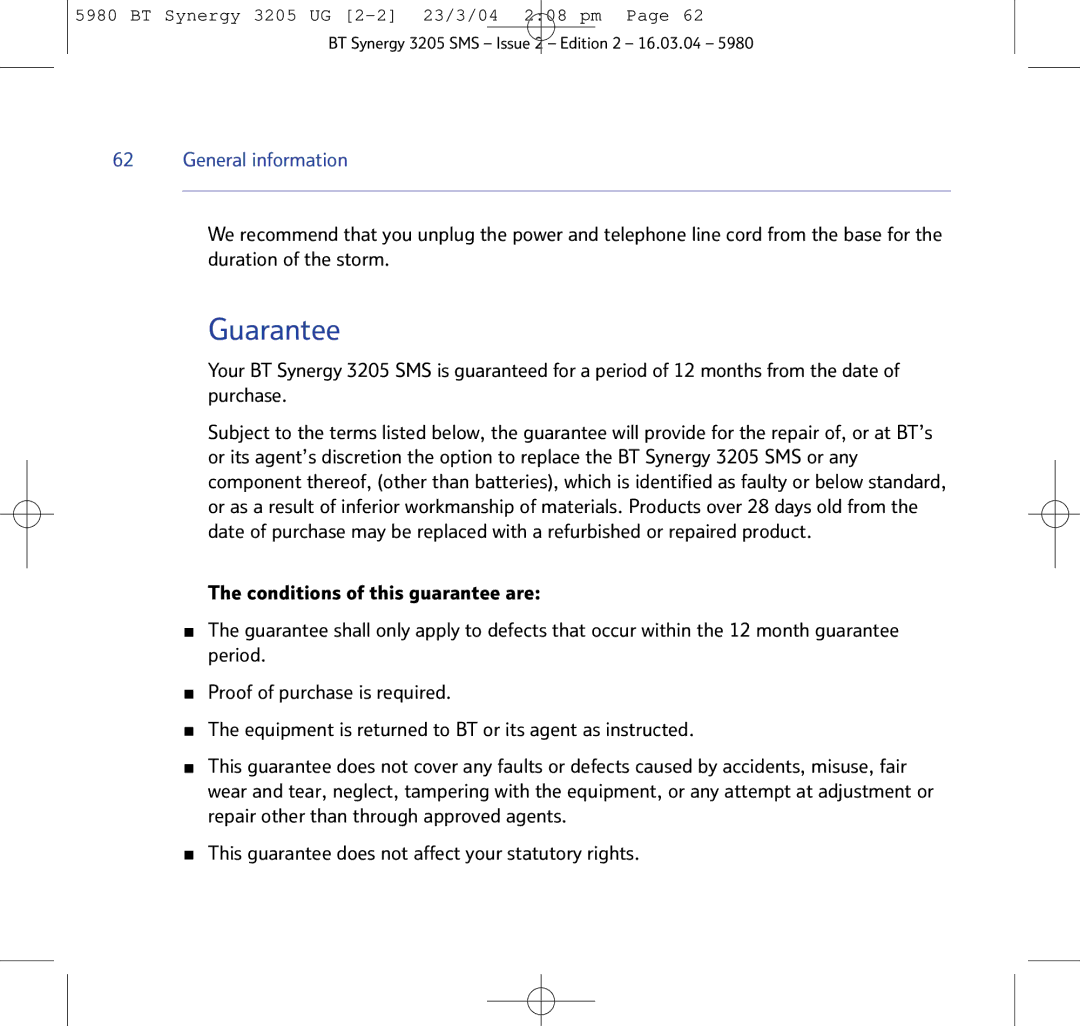 BT 3205 manual Guarantee 