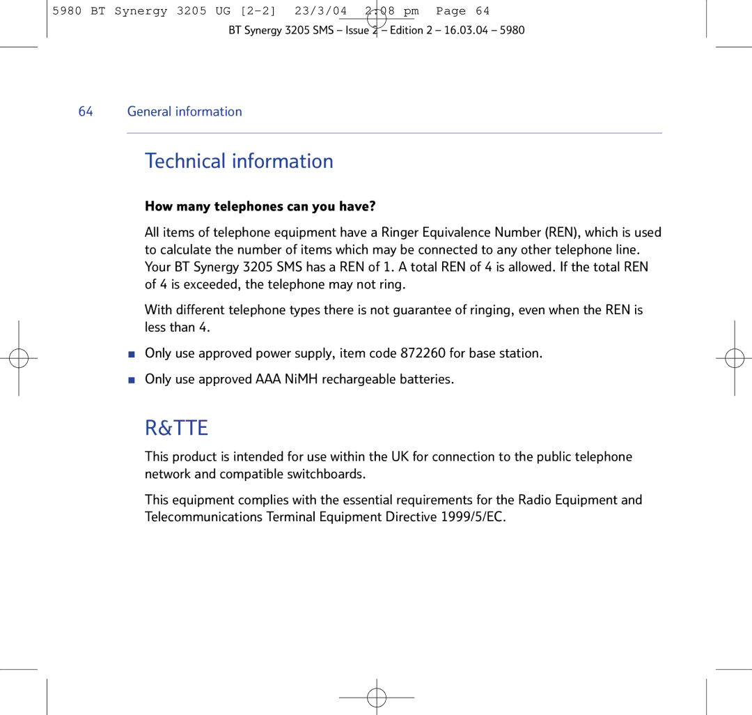 BT 3205 manual Technical information, Tte 