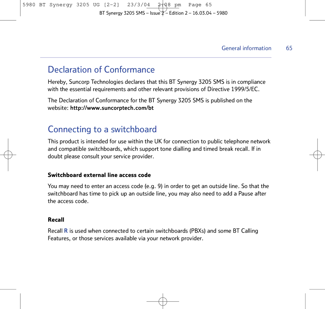 BT 3205 manual Declaration of Conformance, Connecting to a switchboard 