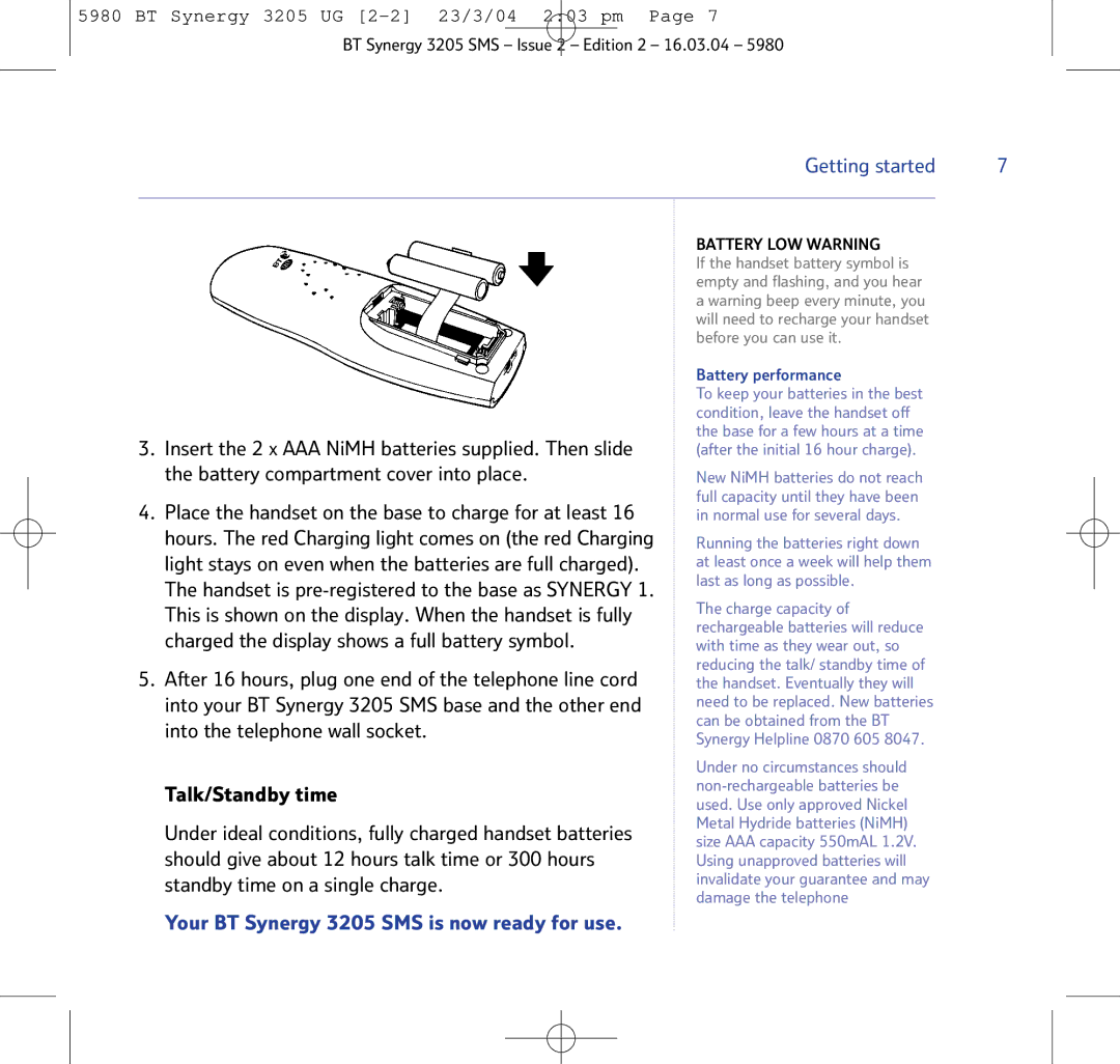 BT manual Your BT Synergy 3205 SMS is now ready for use 