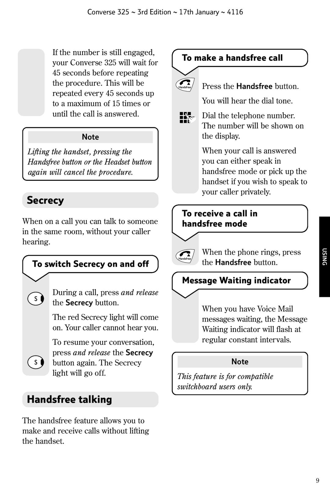 BT 325 manual Secrecy, Handsfree talking 