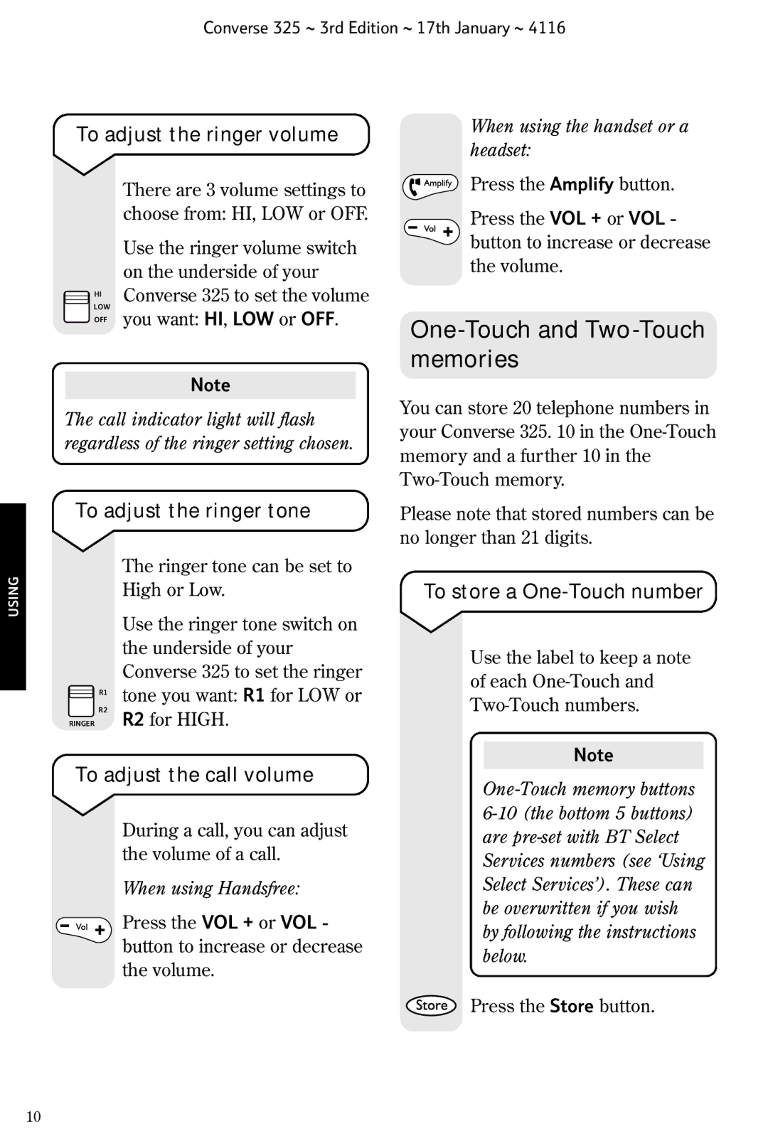 BT 325 One-Touch and Two-Touch memories, To adjust the ringer volume, To adjust the ringer tone, To adjust the call volume 