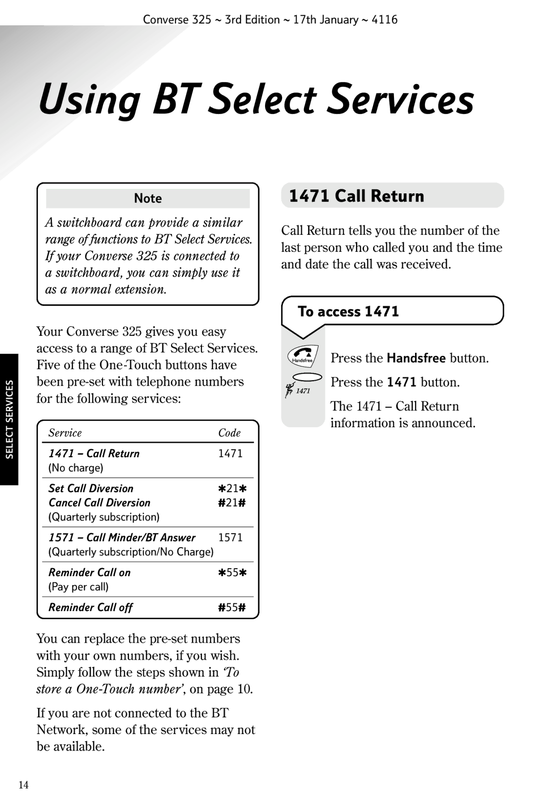 BT 325 manual Using BT Select Services, Call Return 