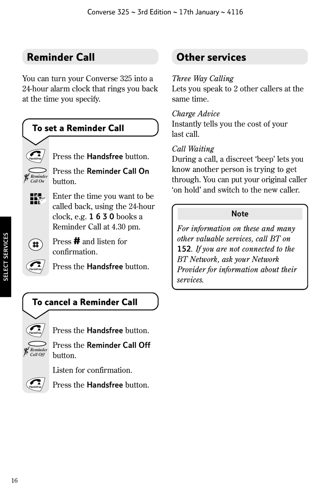 BT 325 manual Reminder Call Other services, To set a Reminder Call, To cancel a Reminder Call 