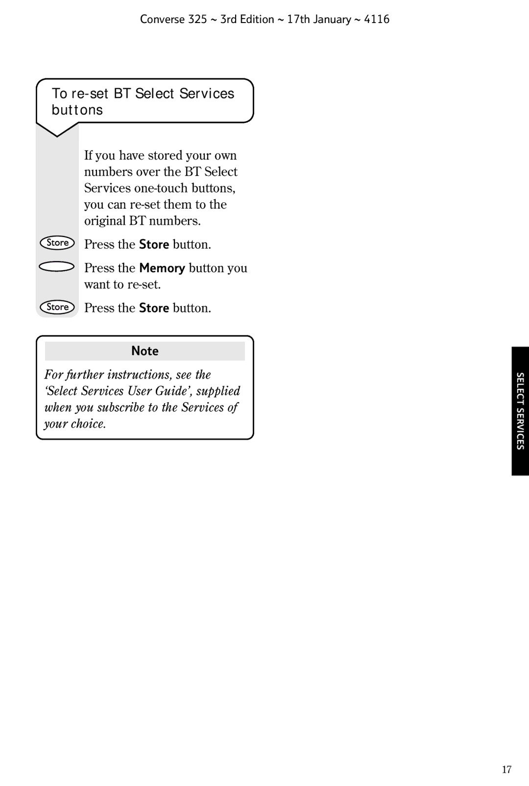 BT 325 manual To re-set BT Select Services buttons 