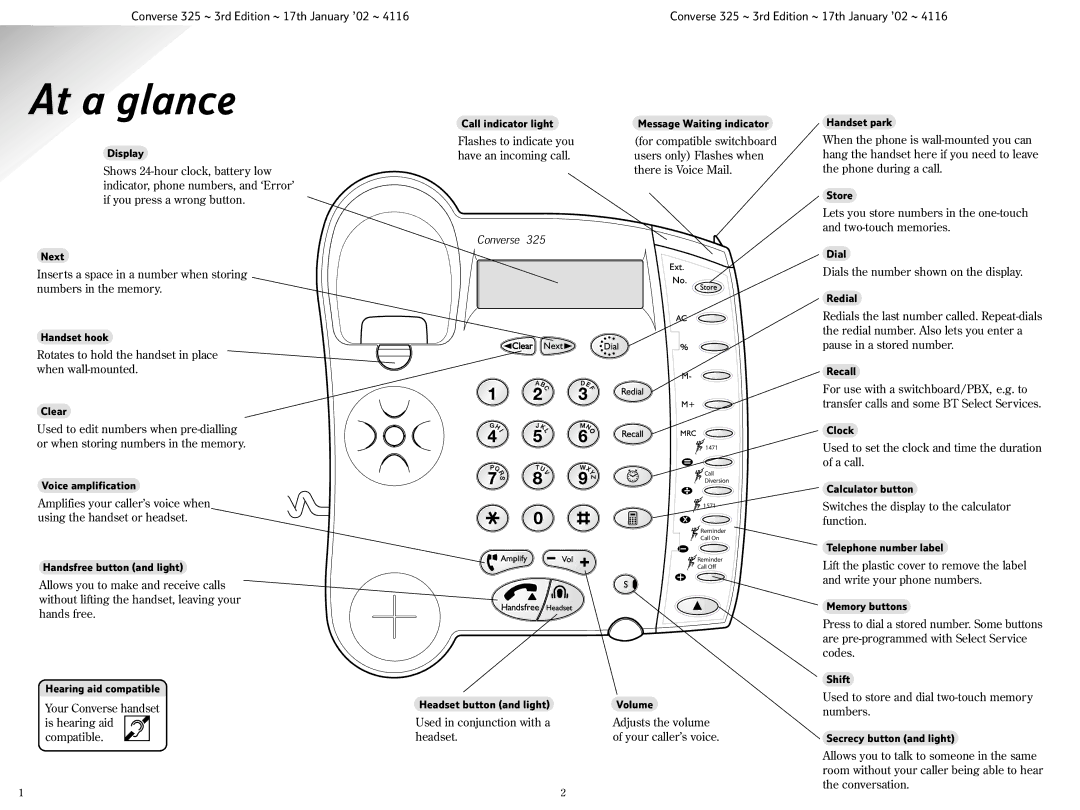 BT 325 manual At a glance, Converse 