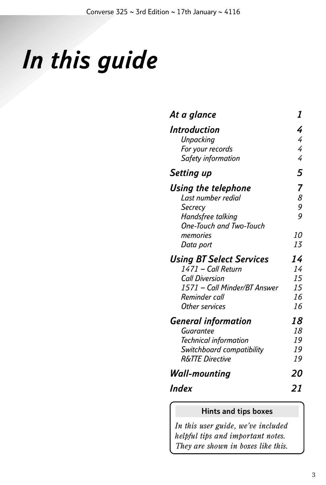 BT 325 manual This guide, Hints and tips boxes 