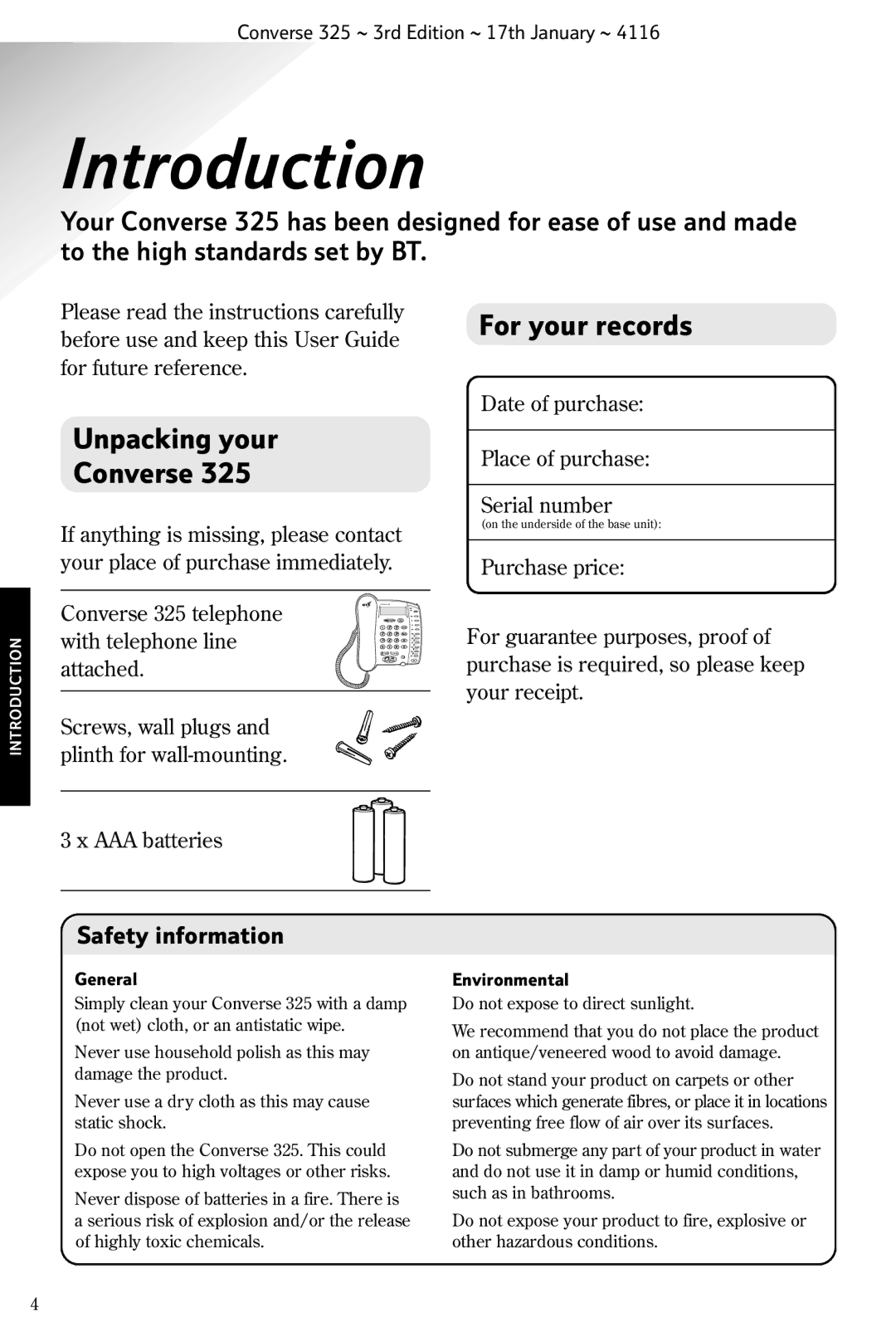 BT 325 manual Introduction, Unpacking your Converse For your records, Safety information 